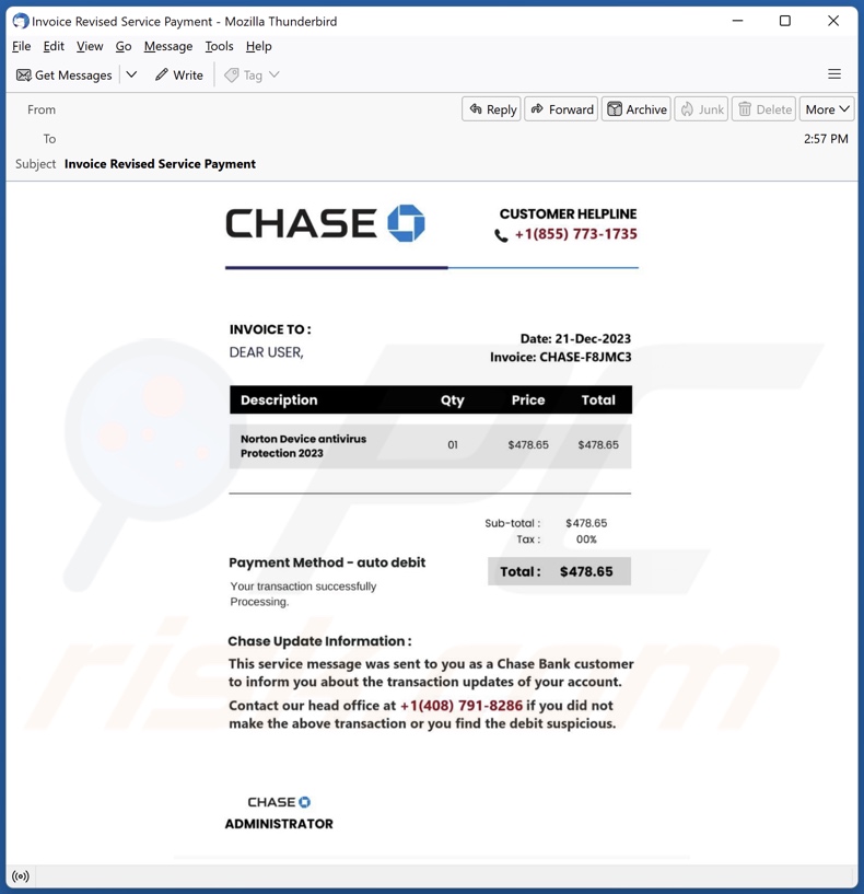 Campaña de spam por correo electrónico de Chase Bank Invoice