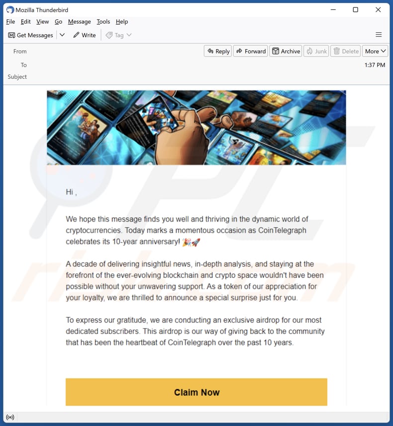Correo promocionando la estafa: Cointelegraph's 10th Anniversary Airdrop