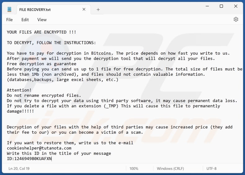 Archivo de texto del ransomware CookiesHelper (FILE RECOVERY.txt)