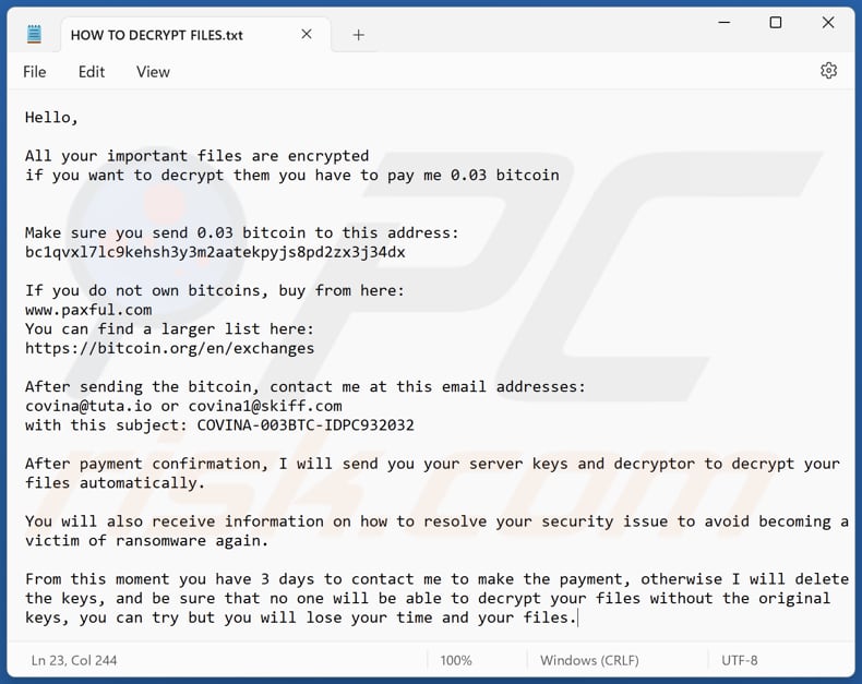 Archivo de texto del ransomware CoV (HOW TO DECRYPT FILES.txt)