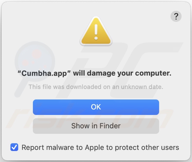 Ventana emergente que aparece cuando se detecta el adware Cumbha.app en el sistema