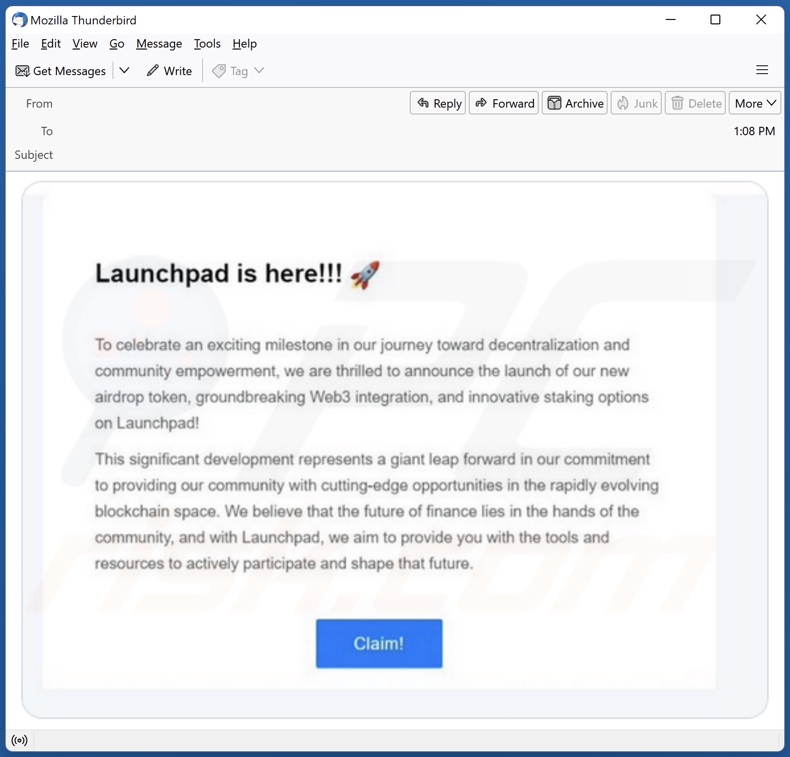 Correo spam promocionando la estafa De.Fi Launchpad Airdrop
