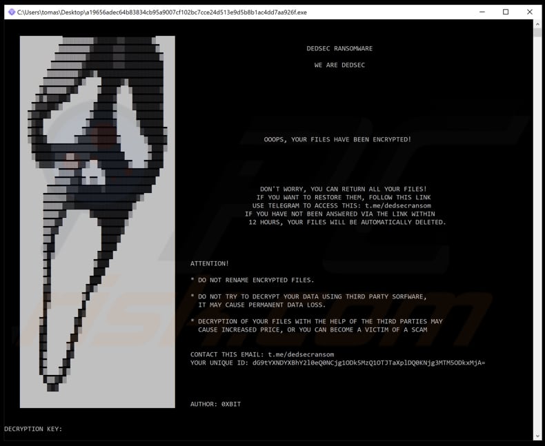 Ventana emergente del ransomware Dedsec