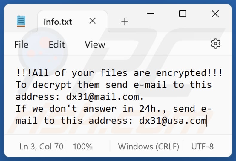 Archivo de texto de la nota de rescate del ransomware Dx31 (info.txt)
