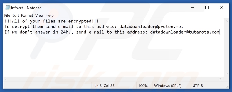 Archivo de texto del ransomware Ebaka (info.txt)