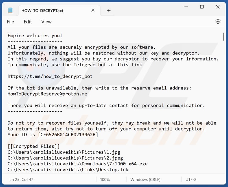 Archivo de texto del ransomware Empire (HOW-TO-DECRYPT.txt)