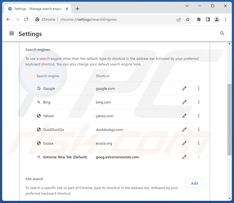 Eliminar extremenewtab.com del motor de búsqueda predeterminado de Google Chrome