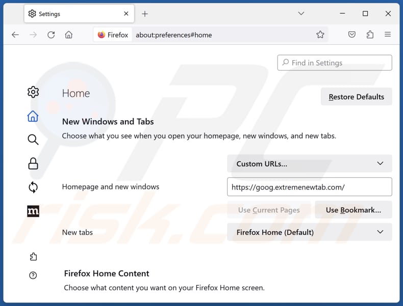 Eliminar extremenewtab.com de la página de inicio de Mozilla Firefox