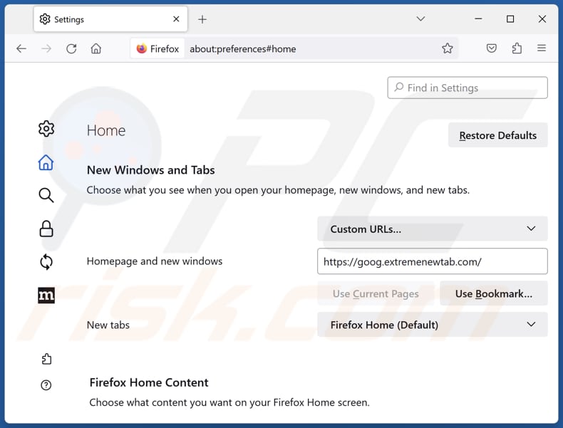 Eliminar extremenewtab.com de la página de inicio de Mozilla Firefox