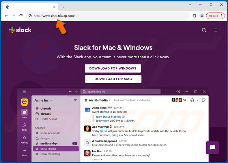 Sitio falso de descarga de Slack Malware FakeBat y Atomic Stealer