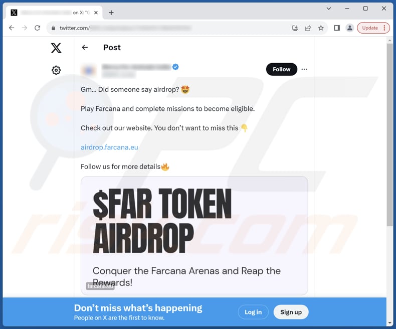 Mensaje fraudulento de FAR TOKEN AIRDROP en X (Twitter)