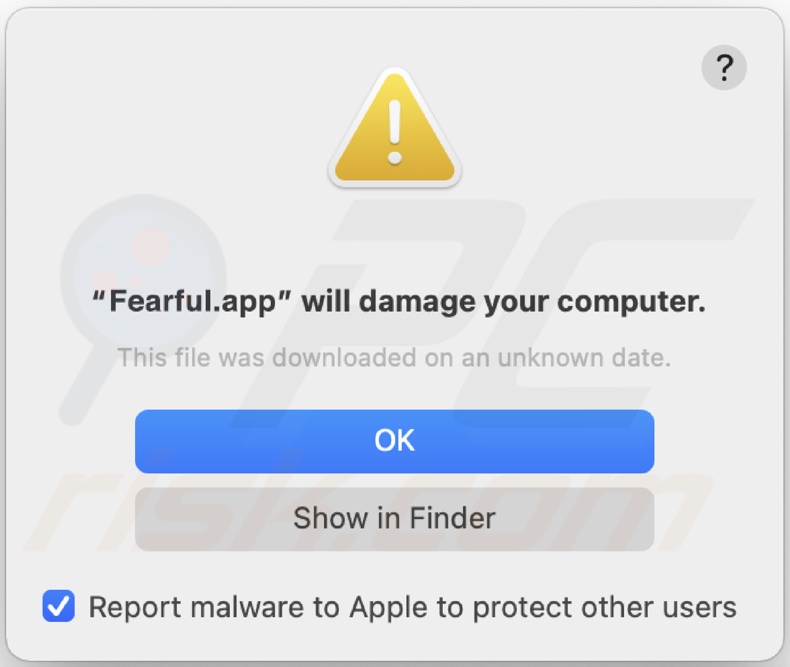 Ventana emergente que aparece cuando se detecta el adware Fearful.app en el sistema