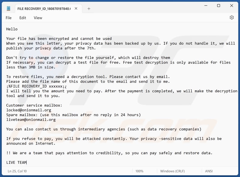 Archivo de texto del ransomware LIVE TEAM (FILE RECOVERY_ID_[ID_de_la_víctima].txt)