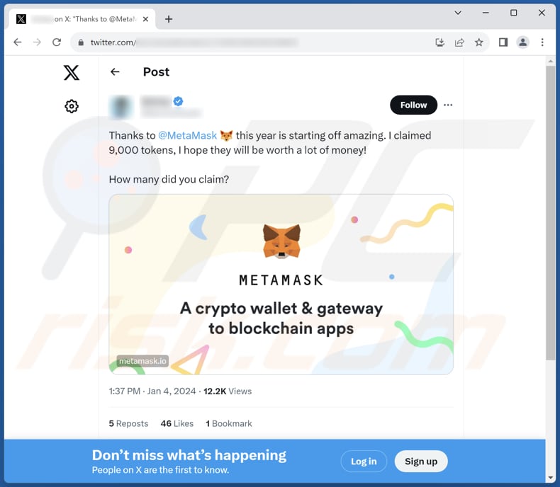 Publicación de la estafa Mask token airdrop promocionando otra variante