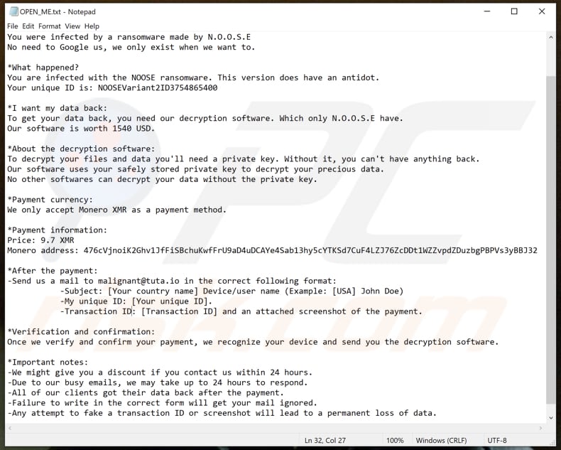 Archivo de texto del ransomware NOOSE (OPEN_ME.txt)