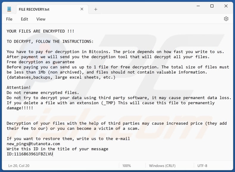 Archivo de texto del ransomware Pings (FILE RECOVERY.txt)