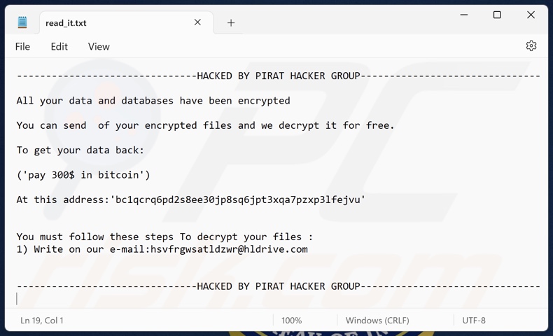 Nota de rescate del ransomware PIRAT HACKER GROUP (read_it.txt)
