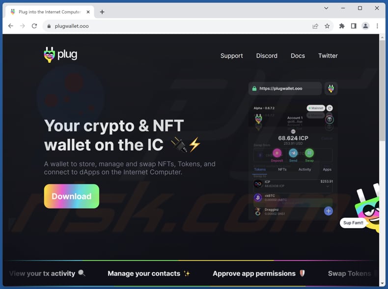 Página legítima de la estafa de Plug wallet (plugwallet.ooo)