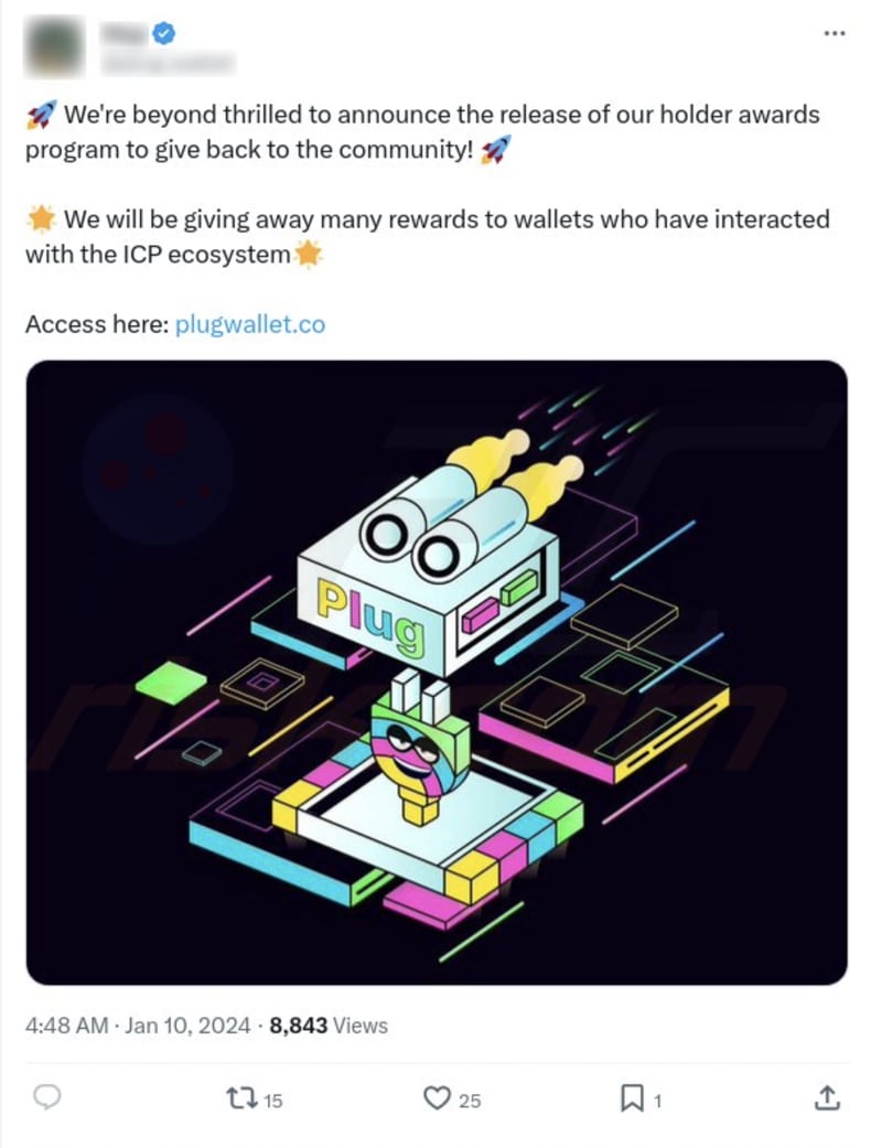 Estafa de Plug Wallet Publicación en X (Twitter) promocionando la estafa