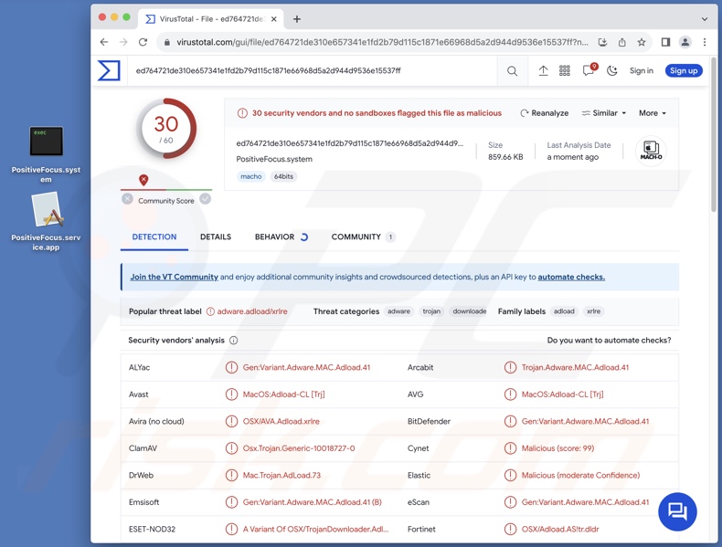 Detecciones del adware PositiveFocus en VirusTotal