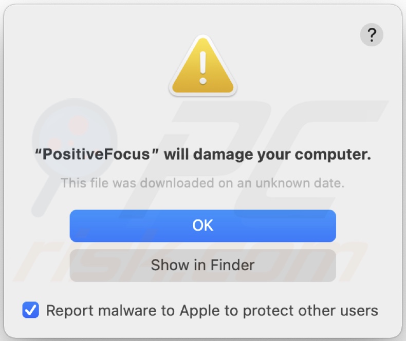Ventana emergente que se muestra cuando se detecta el adware PositiveFocus en el sistema