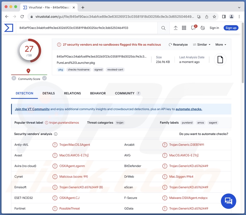 Detecciones del malware PureLand en VirusTotal