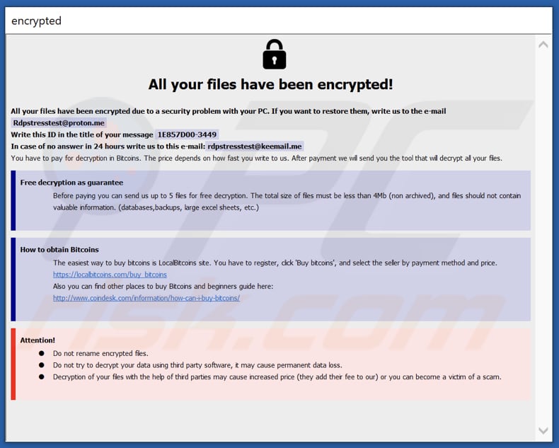 Ventana emergente de la nota de rescate del ransomware Rdptest (info.hta)