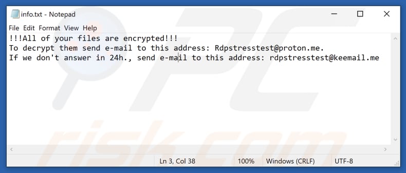 Archivo de texto del ransomware Rdptest (info.txt)