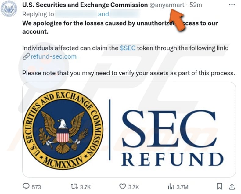 Estafa SEC Token Refund Airdrop Publicación en X (Twitter) promocionando la estafa
