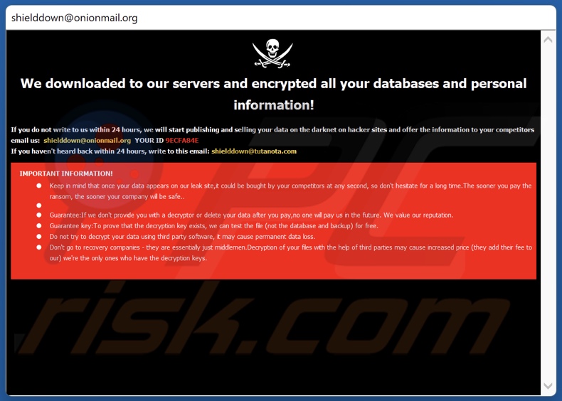 Nota de rescate del ransomware Shiel (ventana emergente)