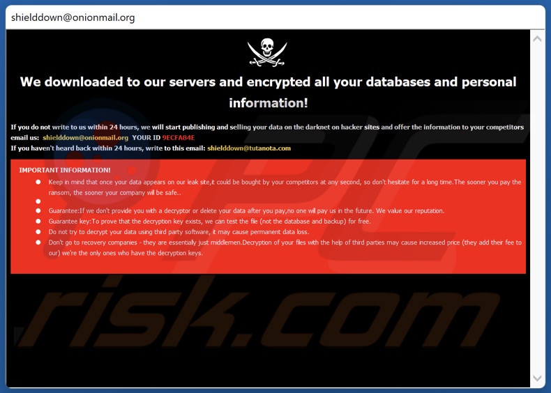 Nota de rescate del ransomware Shiel (ventana emergente)