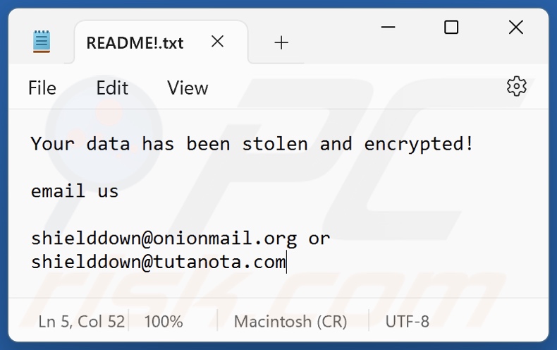 Archivo de texto del ransomware Shiel (README!.txt)