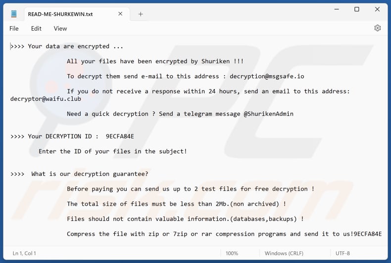Archivo de texto del ransomware Shuriken (READ-ME-SHURKEWIN.txt)