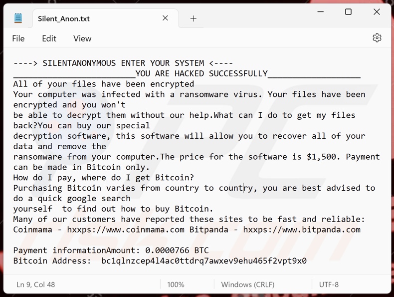 Nota de rescate del ransomware SilentAnonymous (Silent_Anon.txt)