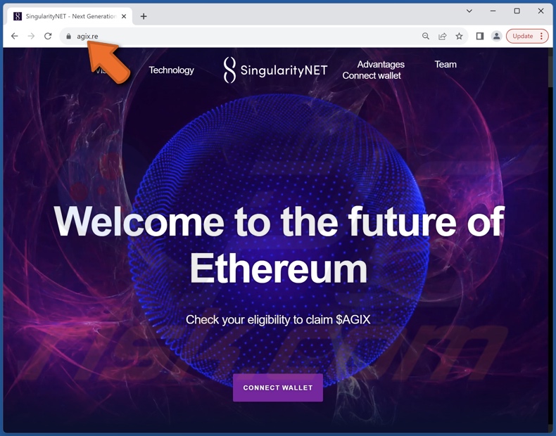 Sitio web falso de SingularityNET (agix[.]re)