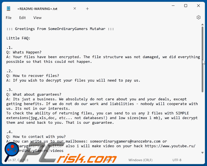 Nota de rescate del ransomware Mutahar de SomeOrdinaryGamers (+README-WARNING+.txt)