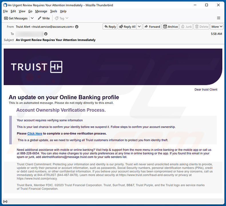 Truist Online Banking Profile estafa por correo electrónico (2024-01-11)