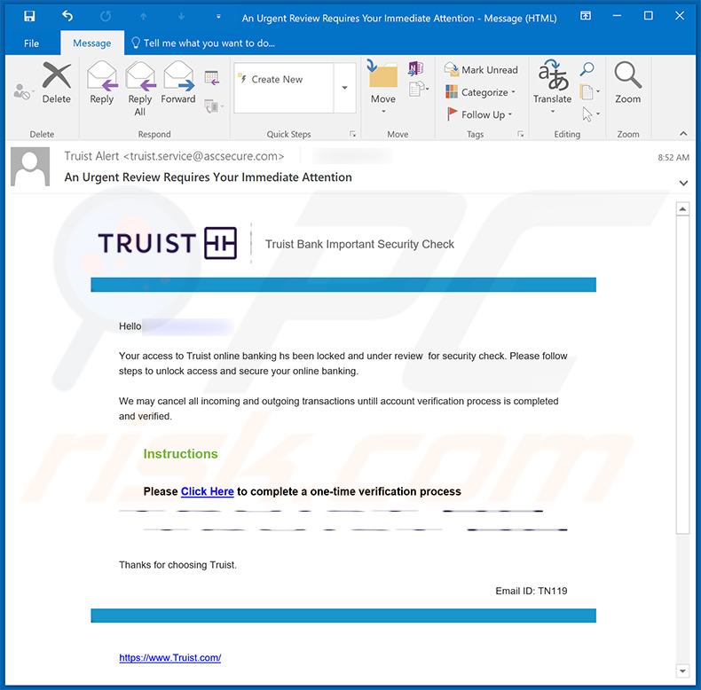 Truist Online Banking Profile estafa por correo electrónico (2024-01-12)