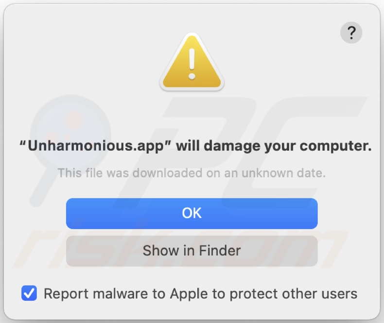Ventana emergente que se muestra cuando se detecta el adware Unharmonious.app en el sistema.