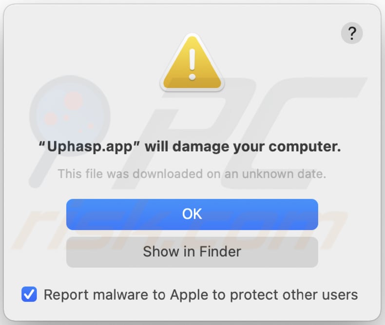 Advertencia de adware uphasp.app antes de la instalación