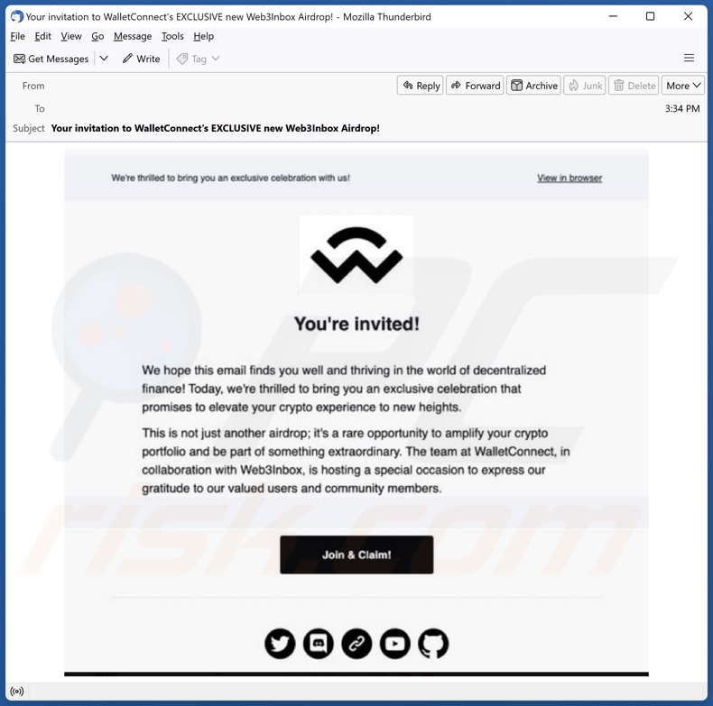 Correo spam promocionando la estafa WalletConnect & Web3Inbox Airdrop