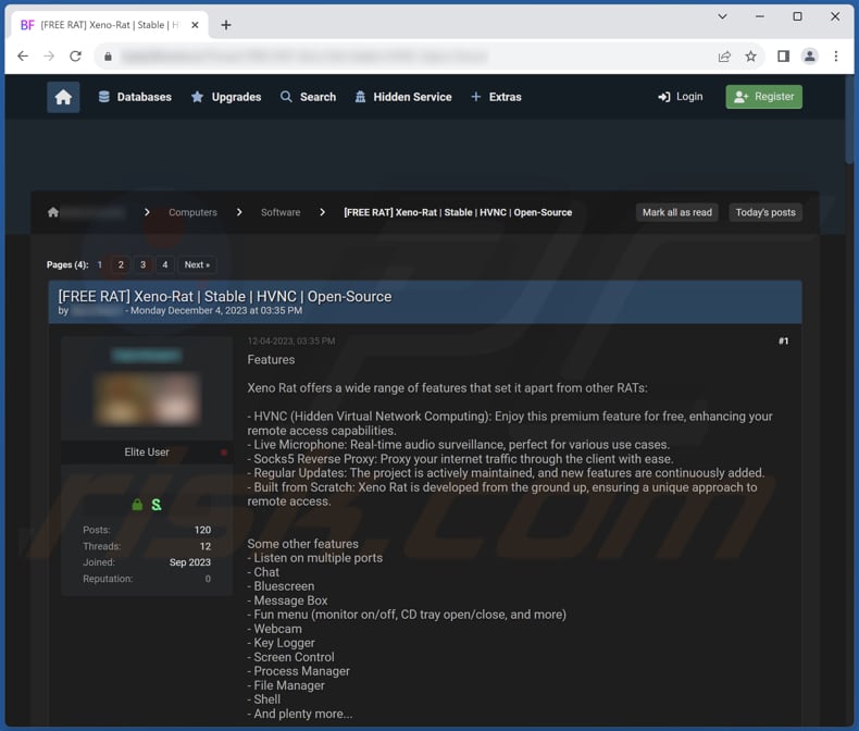 Xeno RAT en un foro de hackers