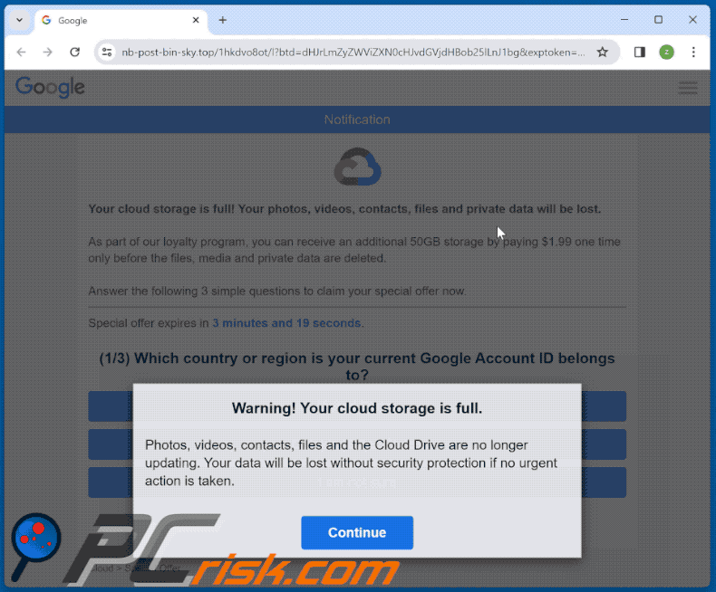 Aspecto de la página de phishing Your iCloud Photos And Videos Will Be Deleted