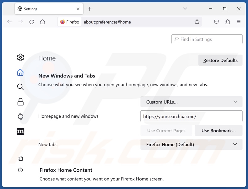Eliminar yoursearchbar.me de la página de inicio de Mozilla Firefox