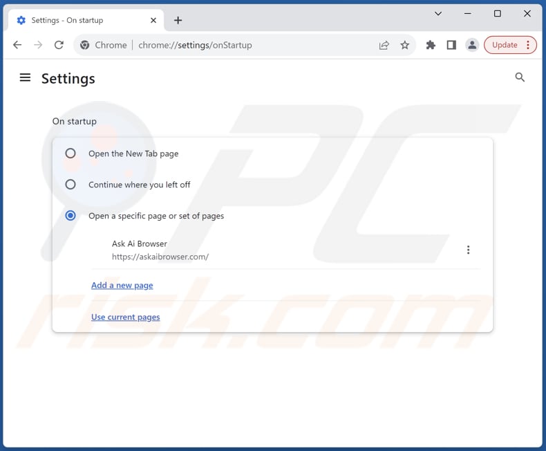 Eliminar askaibrowser.com de la página de inicio de Google Chrome