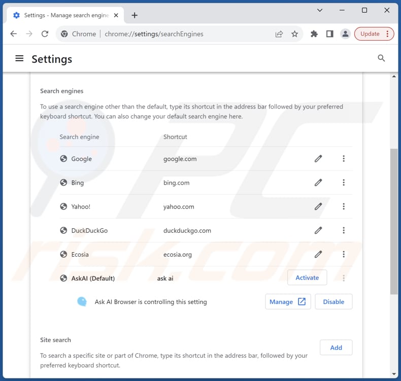 Eliminar askaibrowser.com del motor de búsqueda predeterminado de Google Chrome