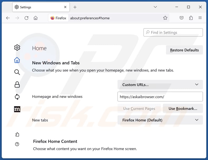 Eliminar askaibrowser.com de la página de inicio de Mozilla Firefox