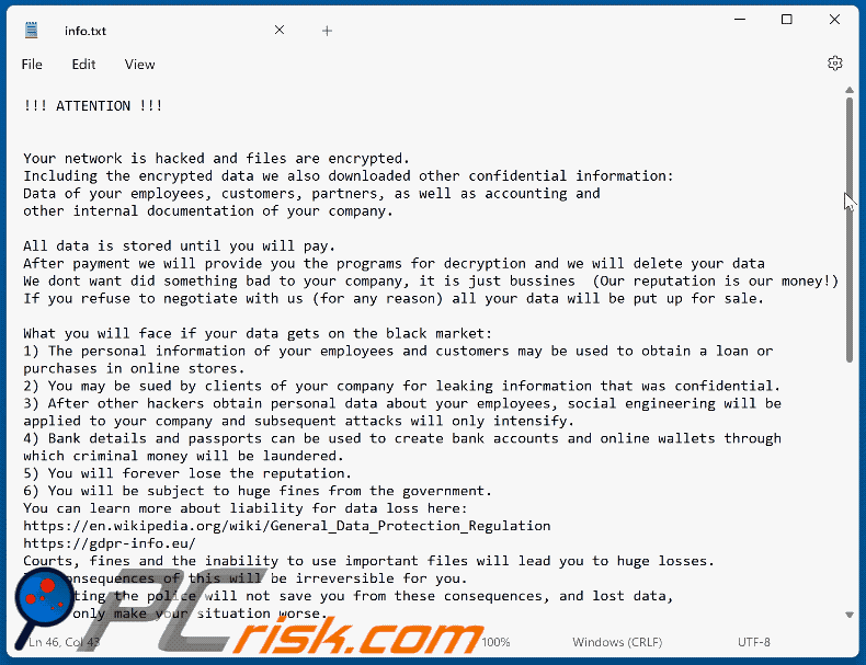 Aspecto de la nota de rescate del ransomware BackMyData (info.txt)