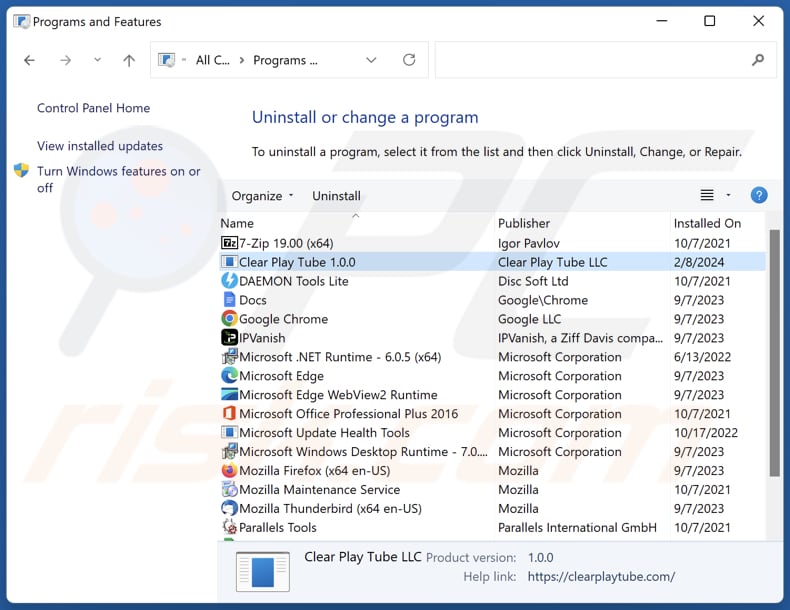 Desinstalación de Clear Play Tube a través del Panel de Control