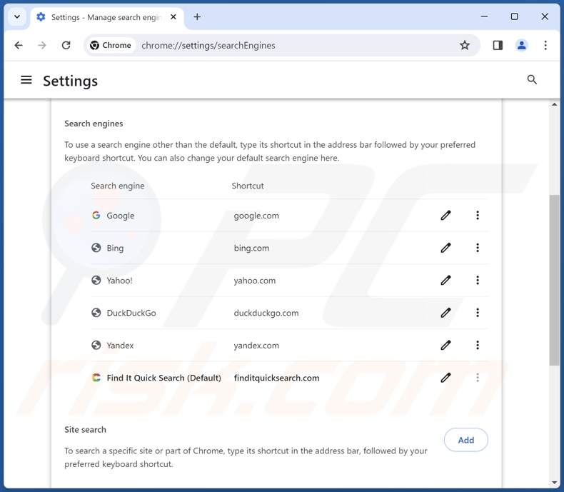 Eliminación de finditquicksearch.com del motor de búsqueda predeterminado de Google Chrome